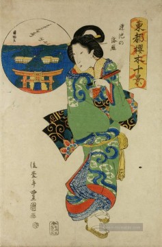 Frau mit inset Darstellung von wilden Gänse bei Hasu keine ike Utagawa Toyokuni Japanisch Ölgemälde